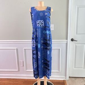 Java Lava Maxi Dress L Womens Rayon Abstract Geometric Blue Boho Pockets